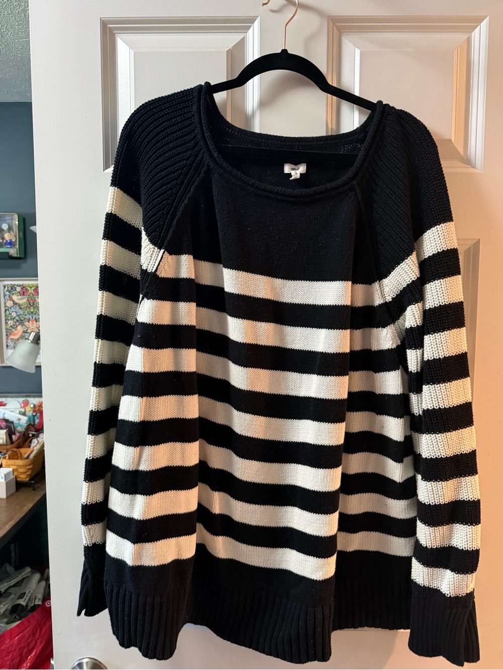 aerie Black and White Striped Crewneck Sweater